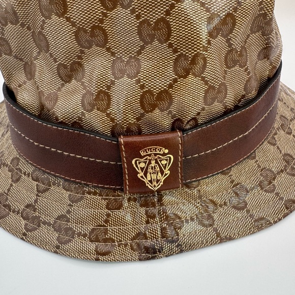 Gucci Accessories - Gucci GG Monogram Bucket Hat Brown Canvas Leather Crest Logo Italy M